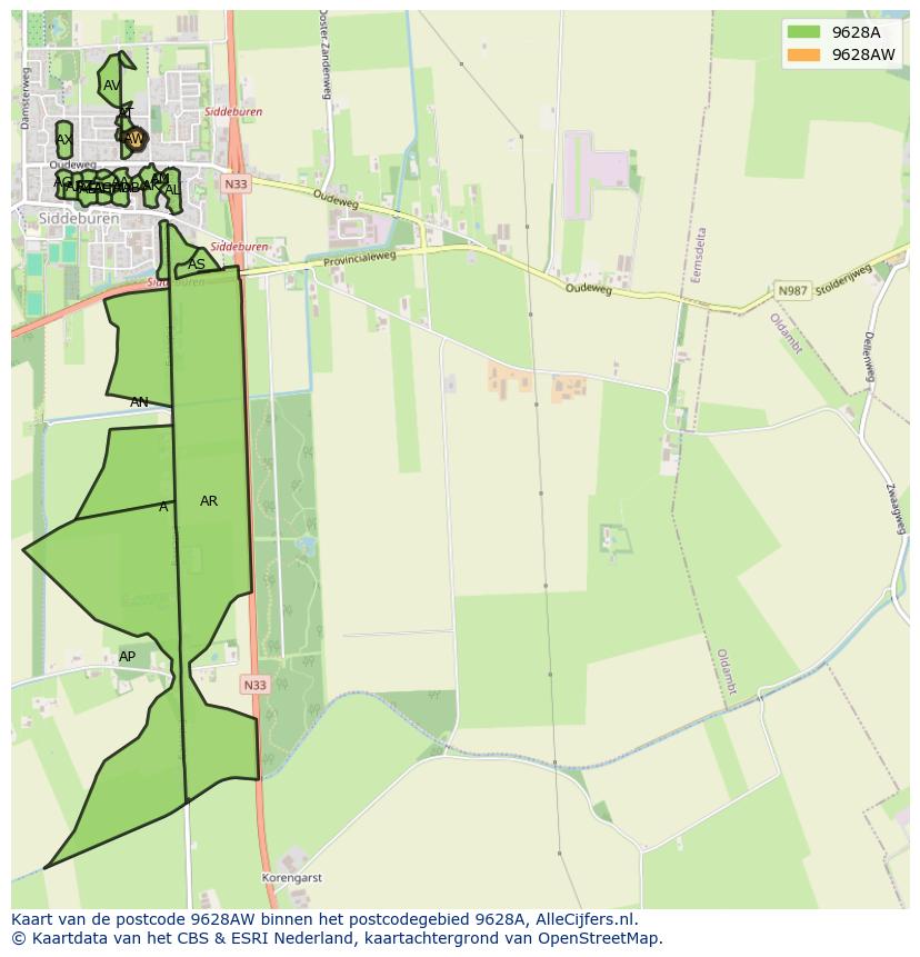 Afbeelding van het postcodegebied 9628 AW op de kaart.