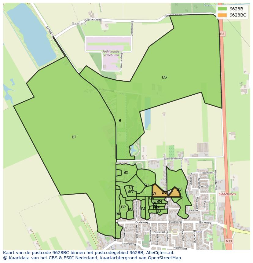 Afbeelding van het postcodegebied 9628 BC op de kaart.