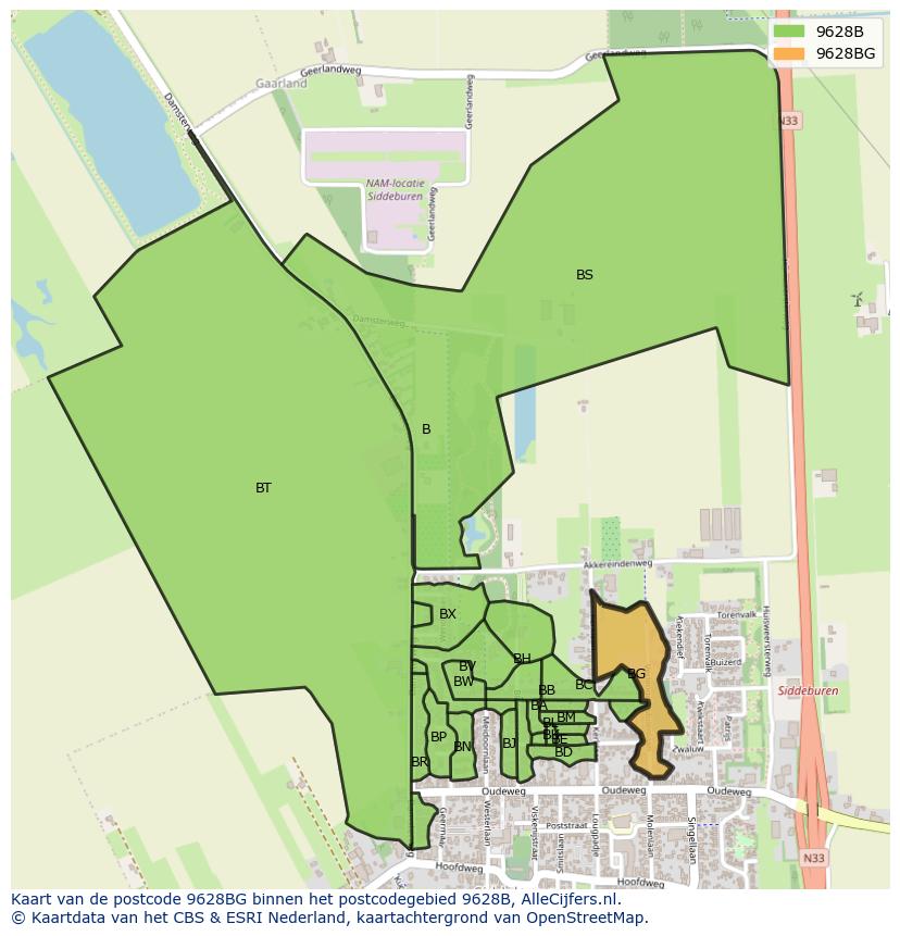 Afbeelding van het postcodegebied 9628 BG op de kaart.