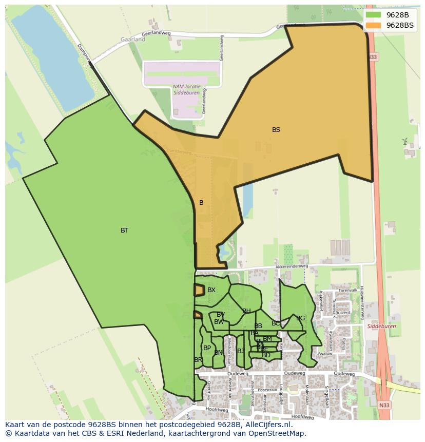 Afbeelding van het postcodegebied 9628 BS op de kaart.