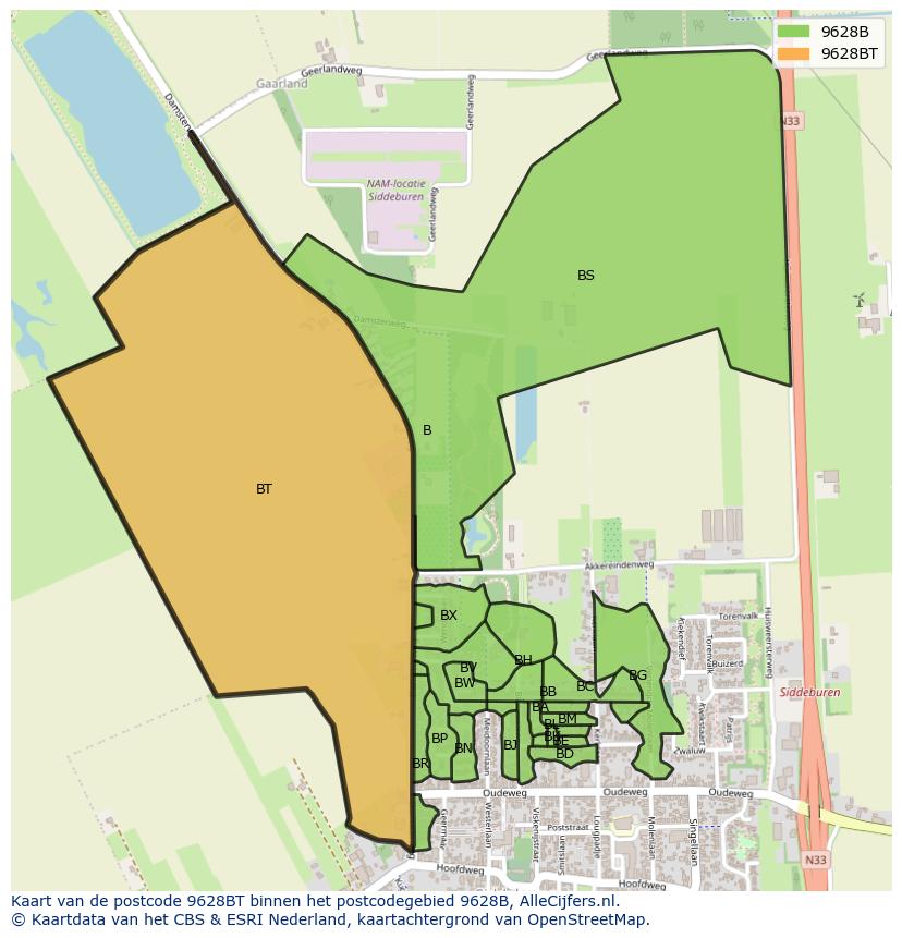 Afbeelding van het postcodegebied 9628 BT op de kaart.
