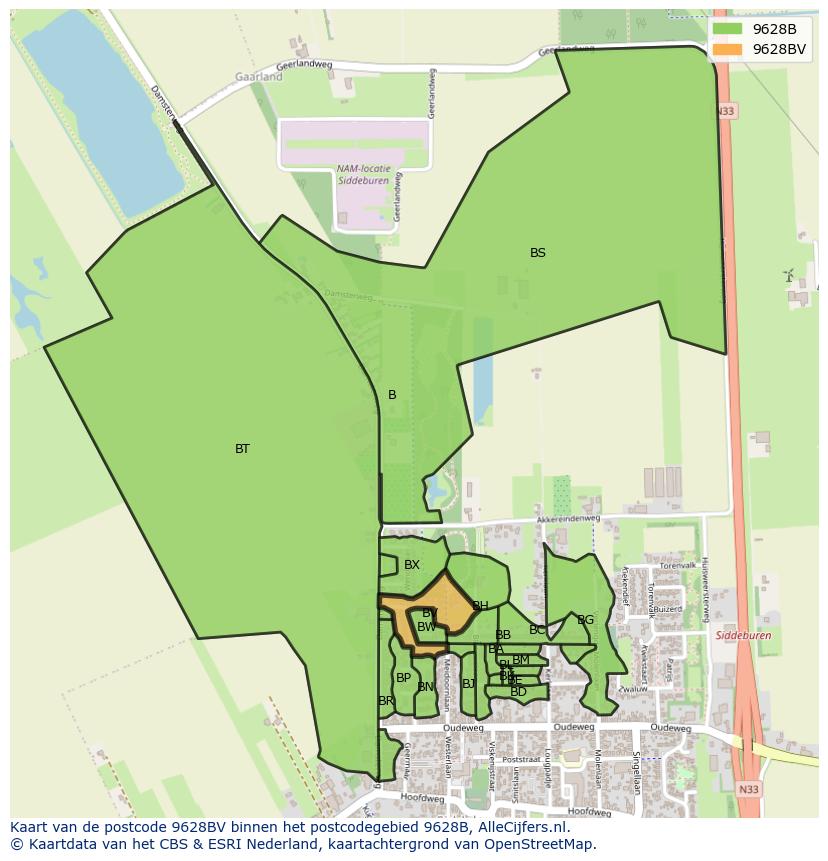 Afbeelding van het postcodegebied 9628 BV op de kaart.