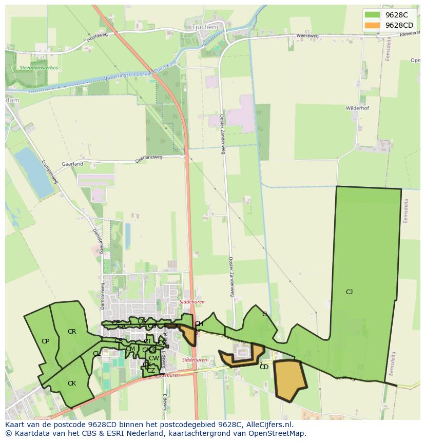 Afbeelding van het postcodegebied 9628 CD op de kaart.