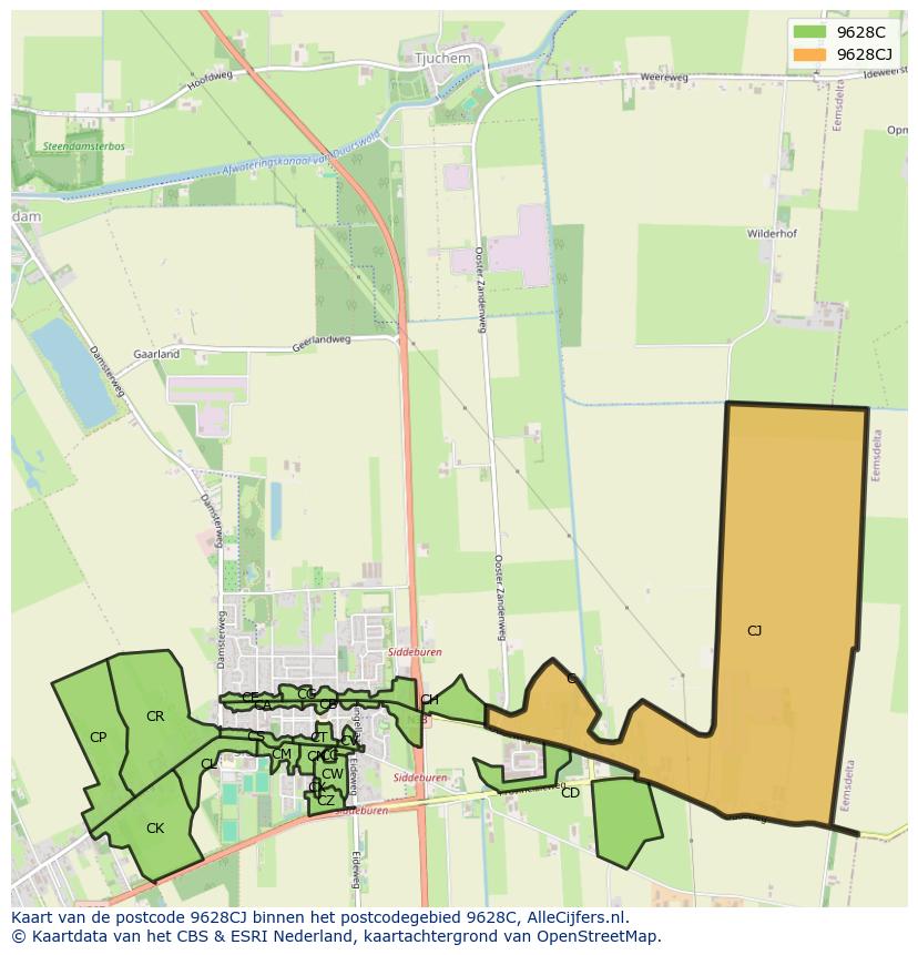 Afbeelding van het postcodegebied 9628 CJ op de kaart.