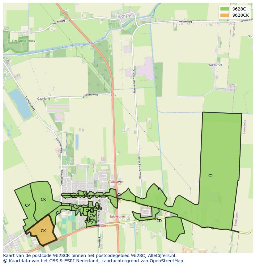Afbeelding van het postcodegebied 9628 CK op de kaart.