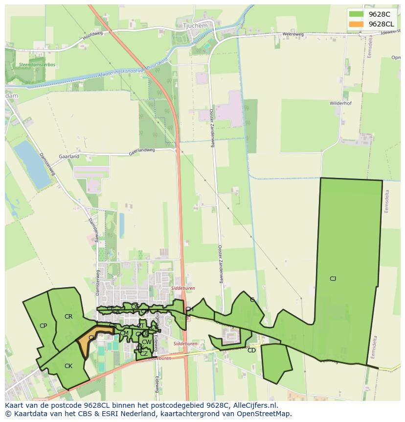 Afbeelding van het postcodegebied 9628 CL op de kaart.