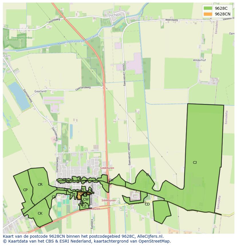 Afbeelding van het postcodegebied 9628 CN op de kaart.
