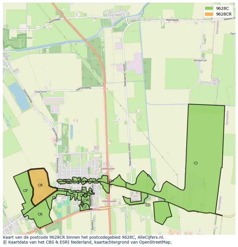 Afbeelding van het postcodegebied 9628 CR op de kaart.