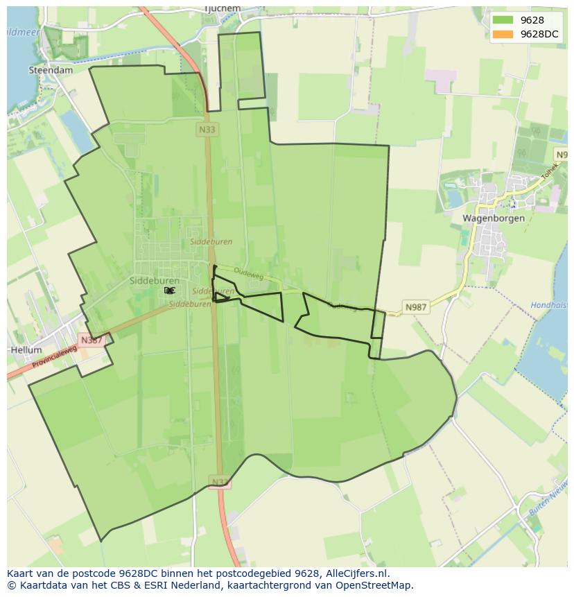 Afbeelding van het postcodegebied 9628 DC op de kaart.