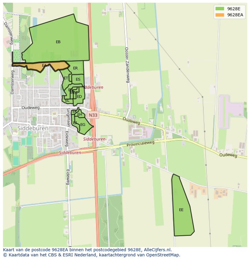 Afbeelding van het postcodegebied 9628 EA op de kaart.