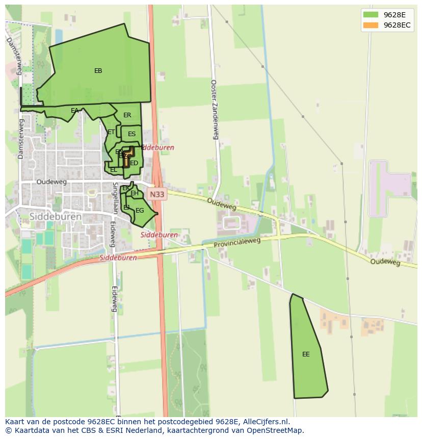 Afbeelding van het postcodegebied 9628 EC op de kaart.