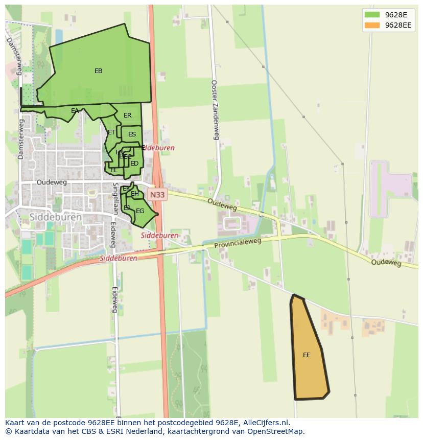 Afbeelding van het postcodegebied 9628 EE op de kaart.