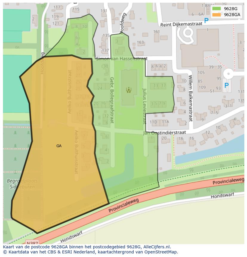 Afbeelding van het postcodegebied 9628 GA op de kaart.