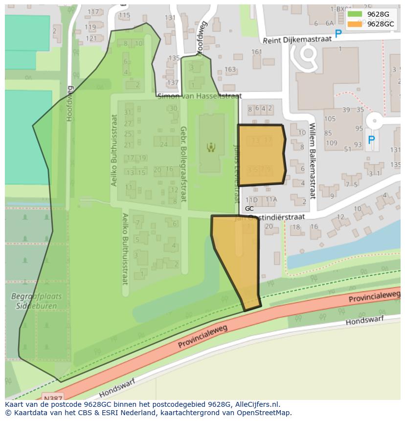 Afbeelding van het postcodegebied 9628 GC op de kaart.