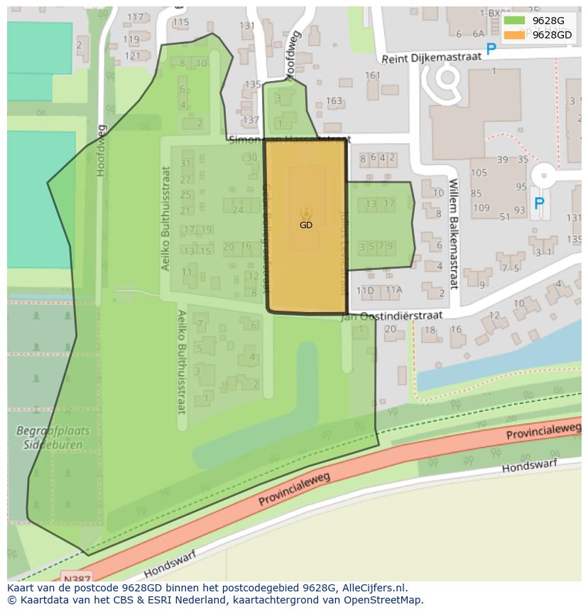 Afbeelding van het postcodegebied 9628 GD op de kaart.