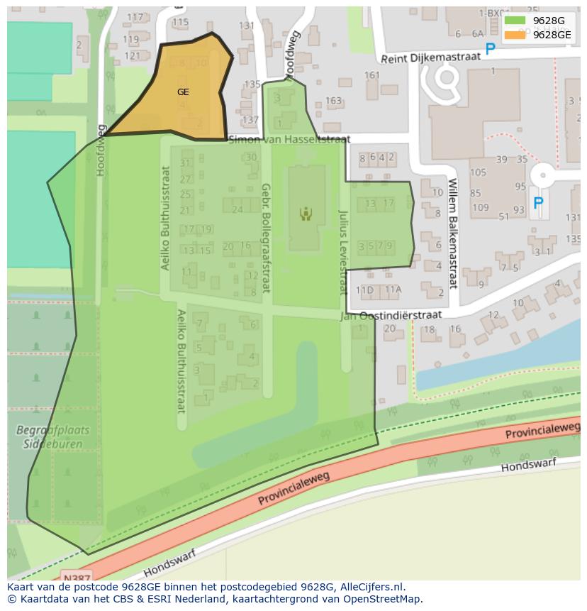 Afbeelding van het postcodegebied 9628 GE op de kaart.