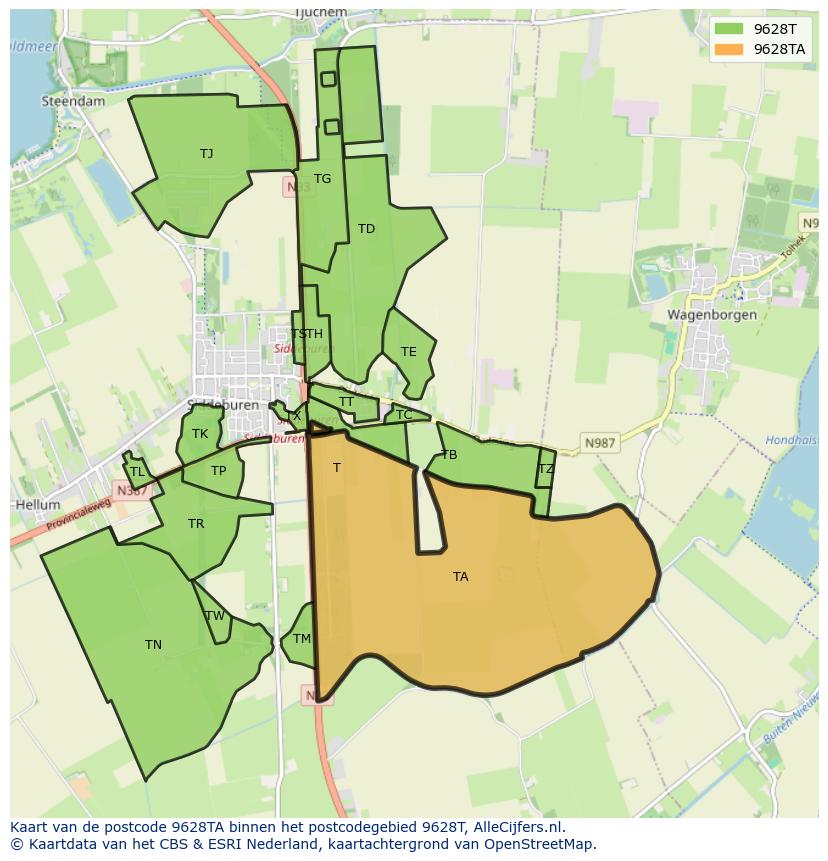 Afbeelding van het postcodegebied 9628 TA op de kaart.