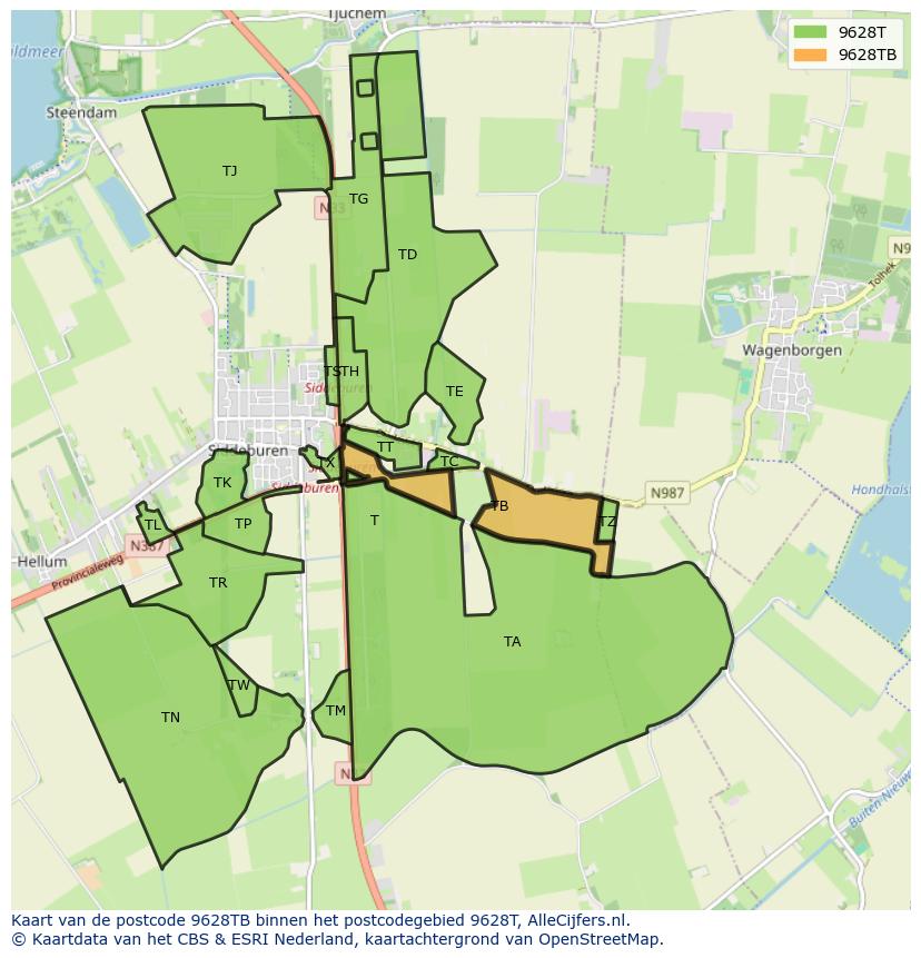 Afbeelding van het postcodegebied 9628 TB op de kaart.