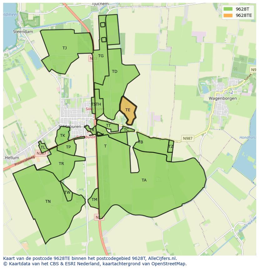 Afbeelding van het postcodegebied 9628 TE op de kaart.
