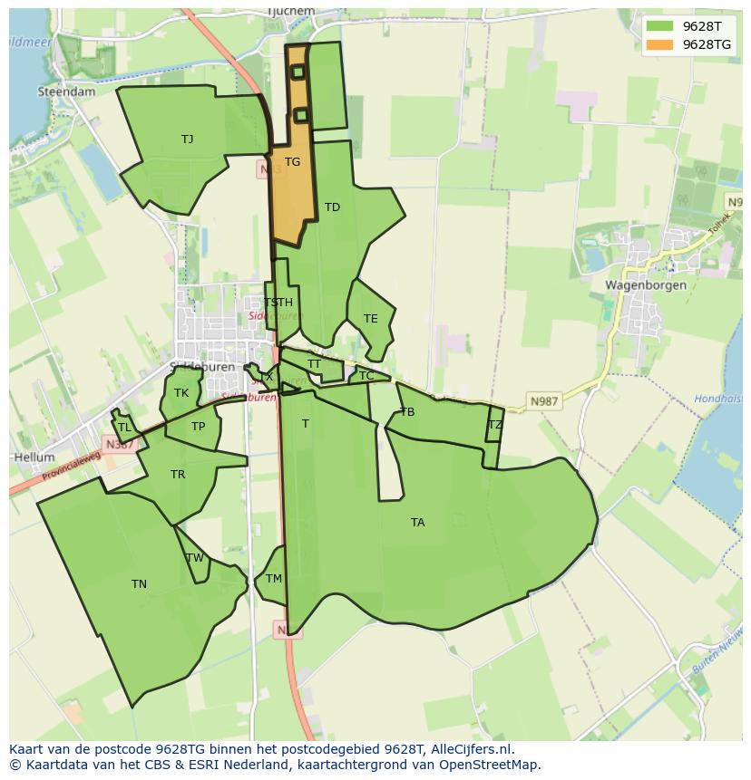 Afbeelding van het postcodegebied 9628 TG op de kaart.