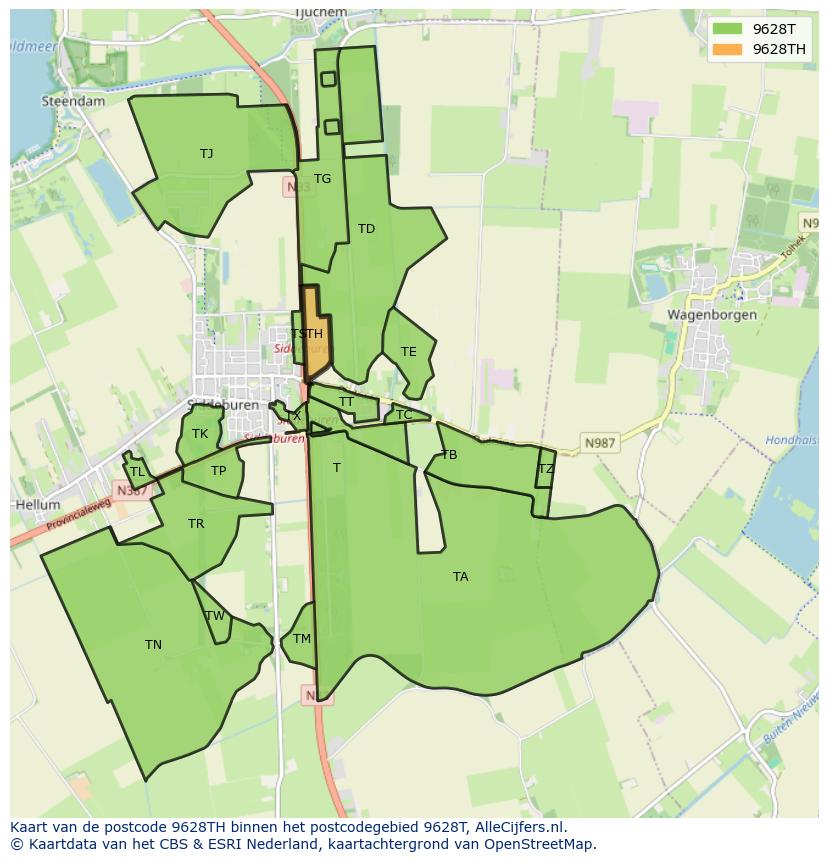 Afbeelding van het postcodegebied 9628 TH op de kaart.