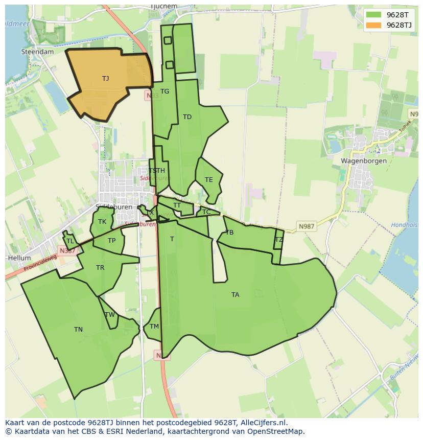 Afbeelding van het postcodegebied 9628 TJ op de kaart.