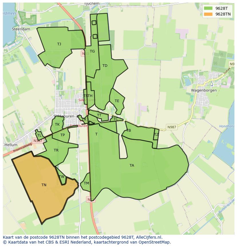 Afbeelding van het postcodegebied 9628 TN op de kaart.