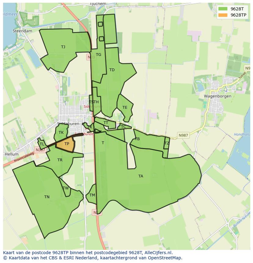 Afbeelding van het postcodegebied 9628 TP op de kaart.