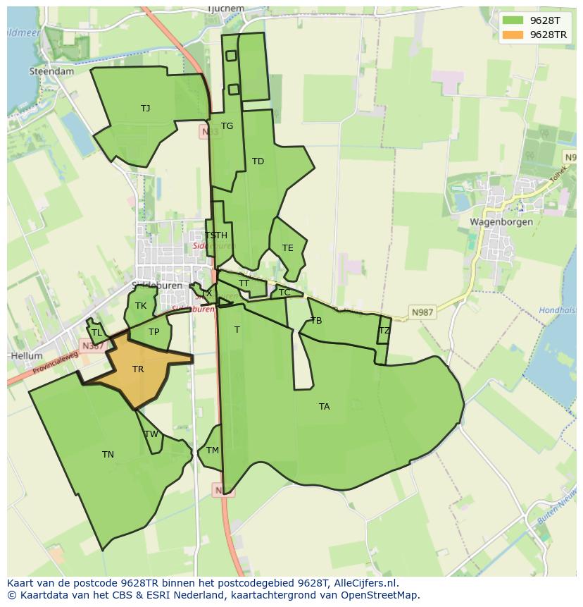 Afbeelding van het postcodegebied 9628 TR op de kaart.