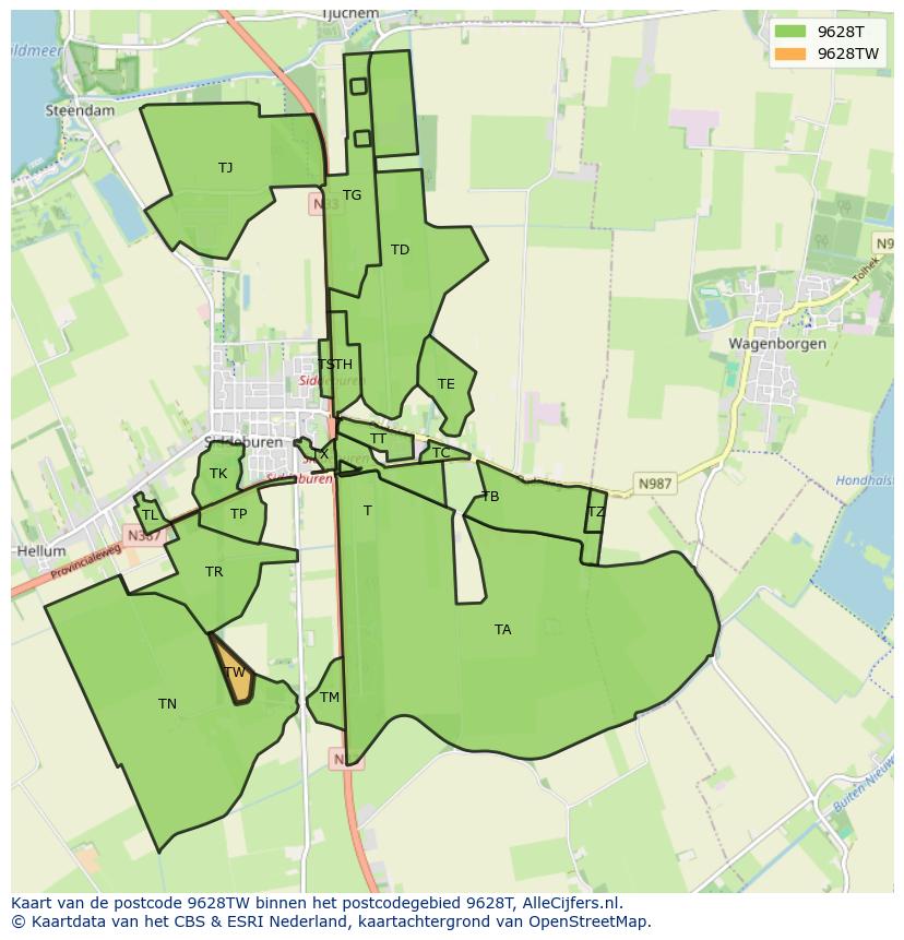Afbeelding van het postcodegebied 9628 TW op de kaart.