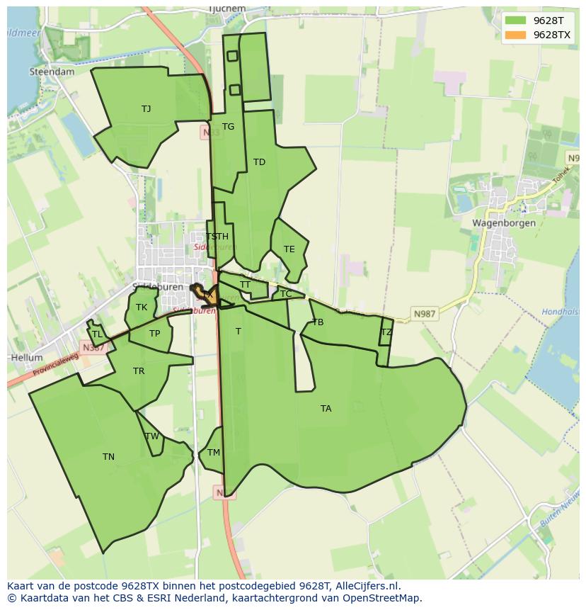 Afbeelding van het postcodegebied 9628 TX op de kaart.
