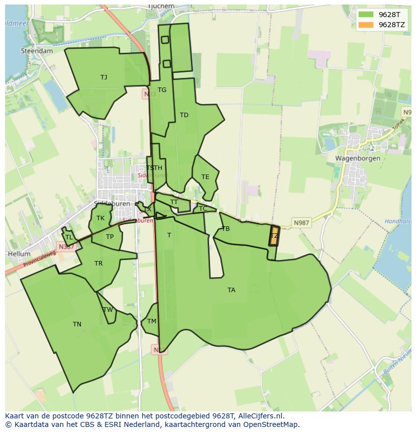 Afbeelding van het postcodegebied 9628 TZ op de kaart.