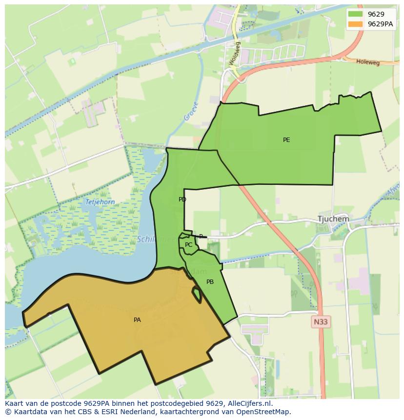 Afbeelding van het postcodegebied 9629 PA op de kaart.