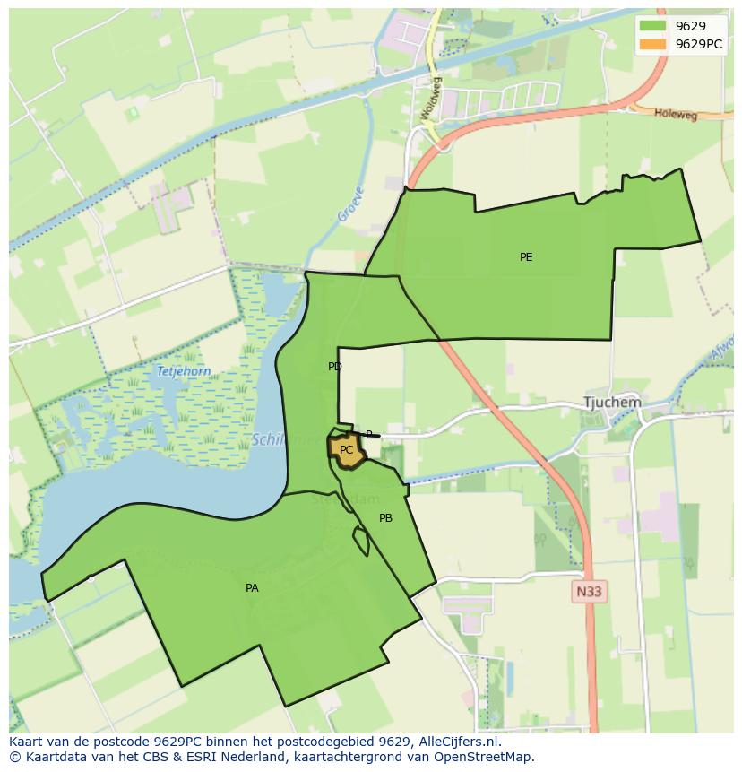Afbeelding van het postcodegebied 9629 PC op de kaart.