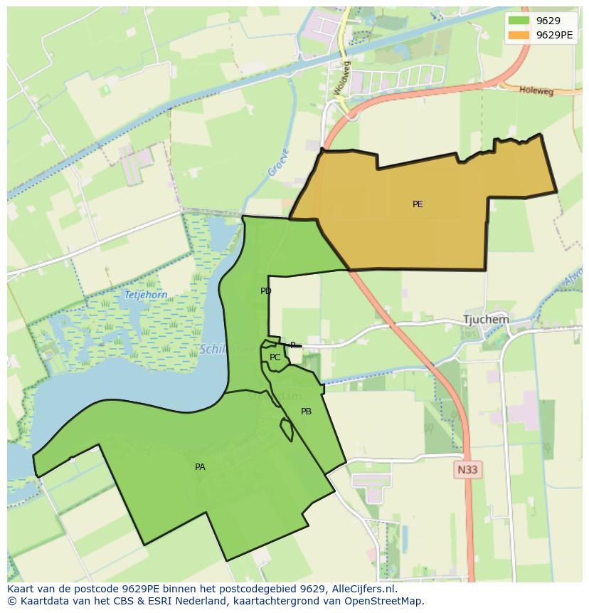 Afbeelding van het postcodegebied 9629 PE op de kaart.