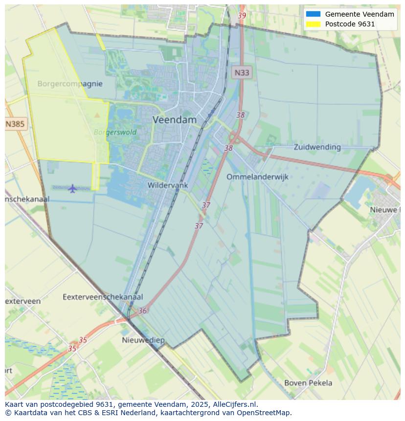 Afbeelding van het postcodegebied 9631 op de kaart.