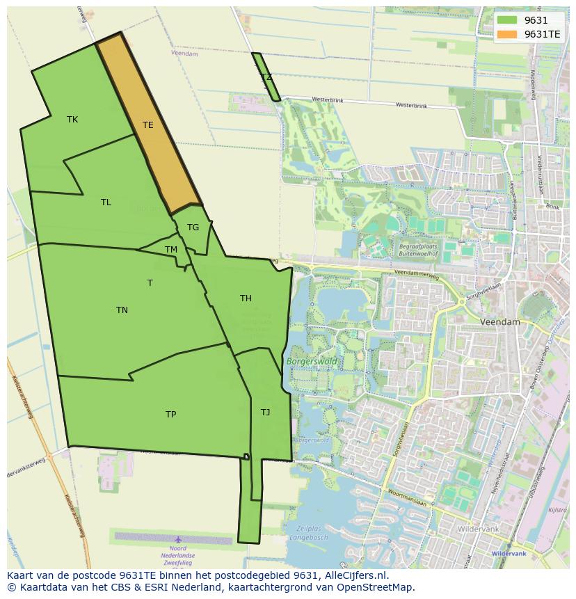 Afbeelding van het postcodegebied 9631 TE op de kaart.