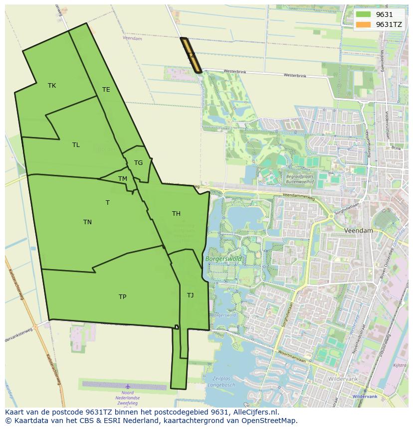 Afbeelding van het postcodegebied 9631 TZ op de kaart.