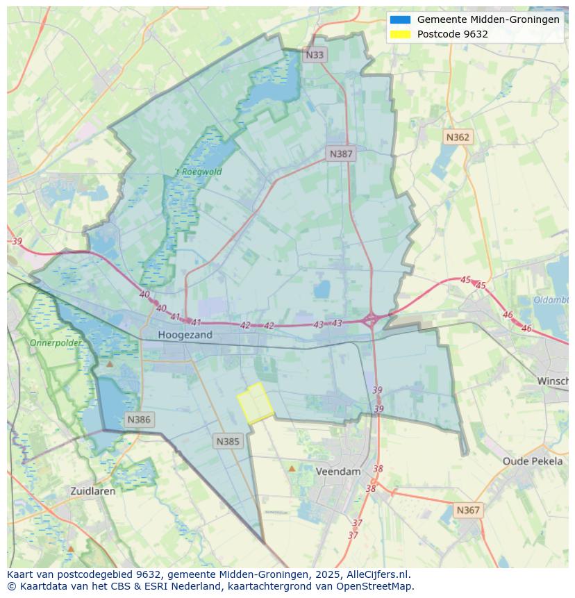 Afbeelding van het postcodegebied 9632 op de kaart.