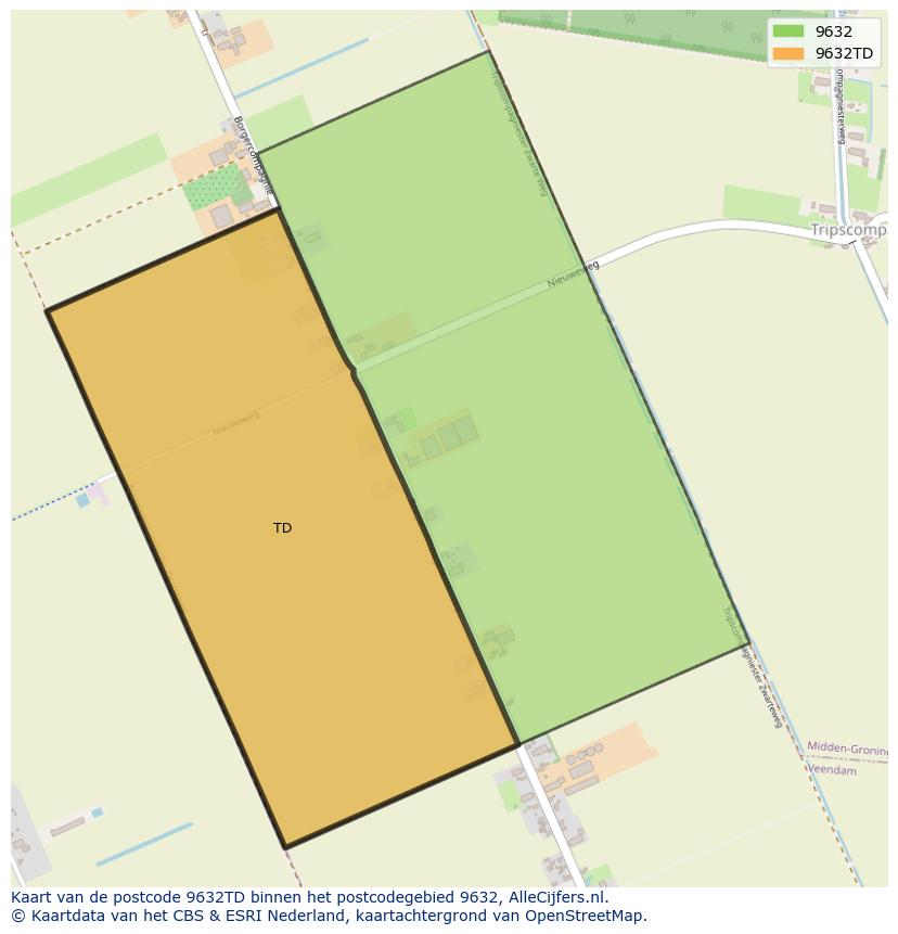 Afbeelding van het postcodegebied 9632 TD op de kaart.