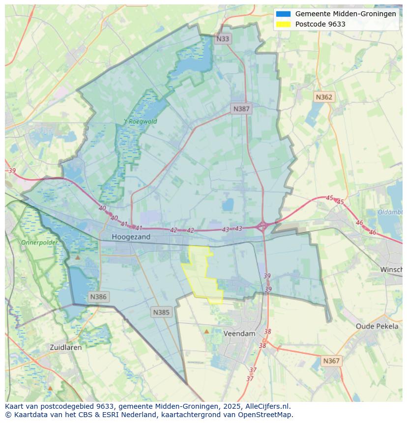 Afbeelding van het postcodegebied 9633 op de kaart.