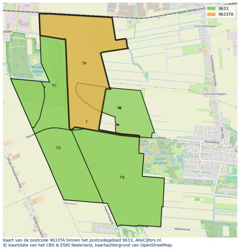 Afbeelding van het postcodegebied 9633 TA op de kaart.