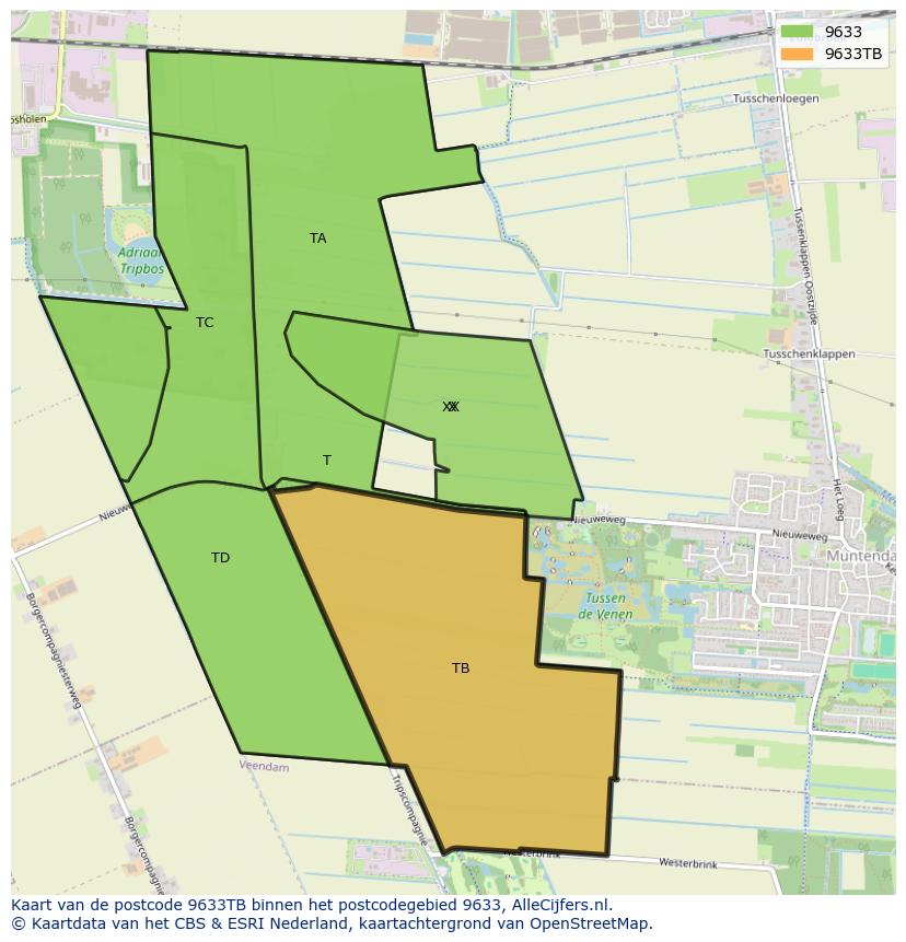 Afbeelding van het postcodegebied 9633 TB op de kaart.