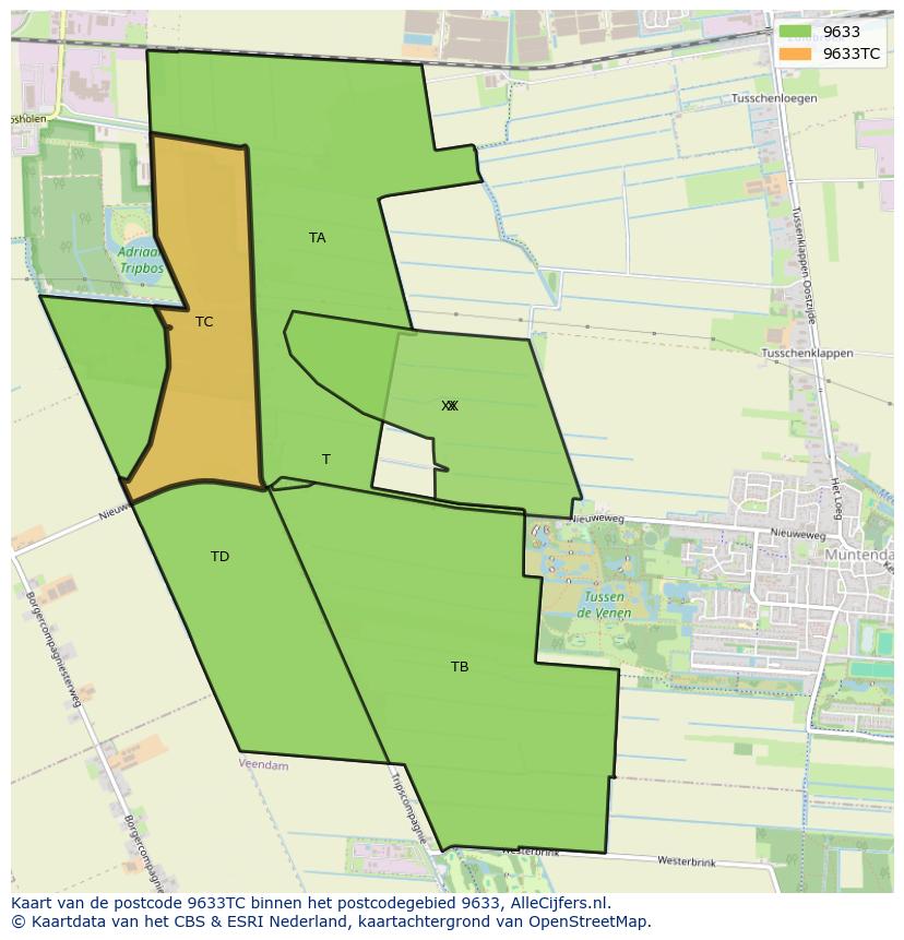 Afbeelding van het postcodegebied 9633 TC op de kaart.