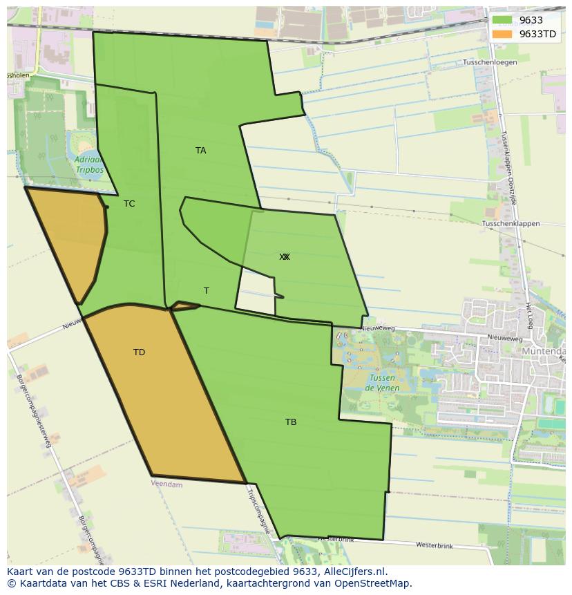 Afbeelding van het postcodegebied 9633 TD op de kaart.