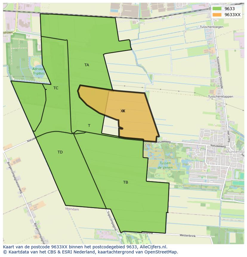 Afbeelding van het postcodegebied 9633 XX op de kaart.