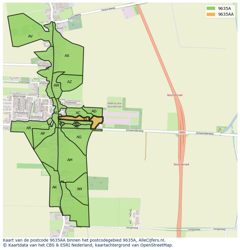 Afbeelding van het postcodegebied 9635 AA op de kaart.