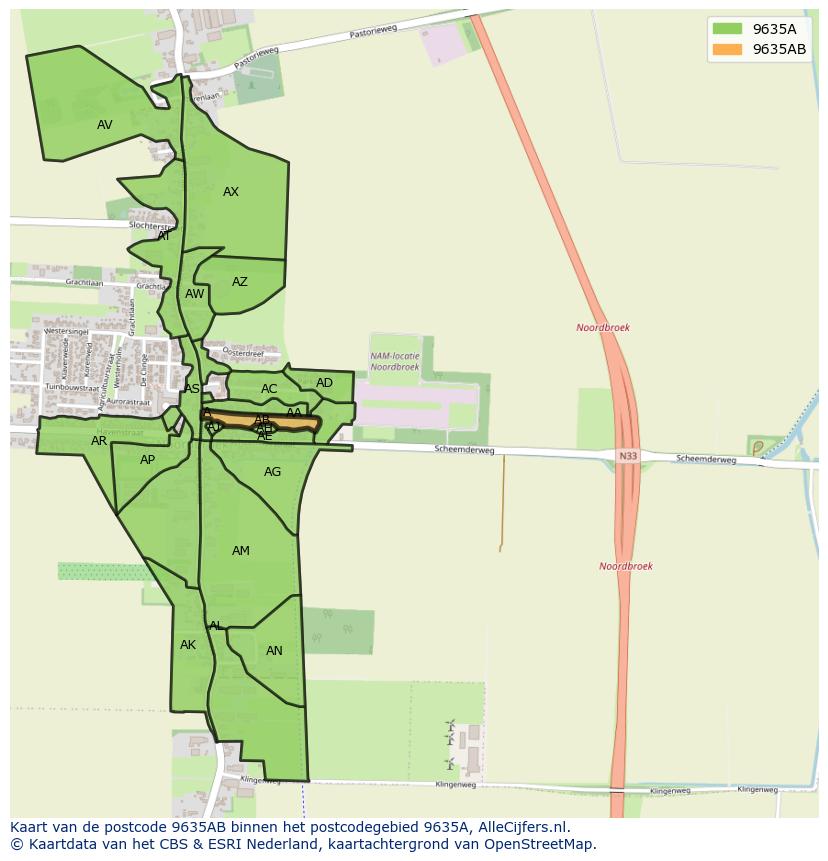 Afbeelding van het postcodegebied 9635 AB op de kaart.