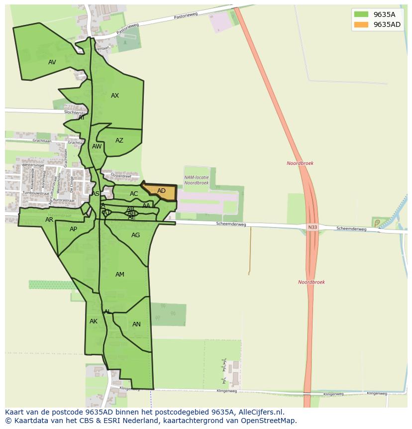 Afbeelding van het postcodegebied 9635 AD op de kaart.