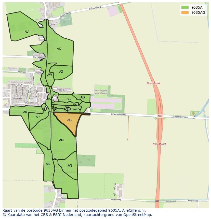 Afbeelding van het postcodegebied 9635 AG op de kaart.